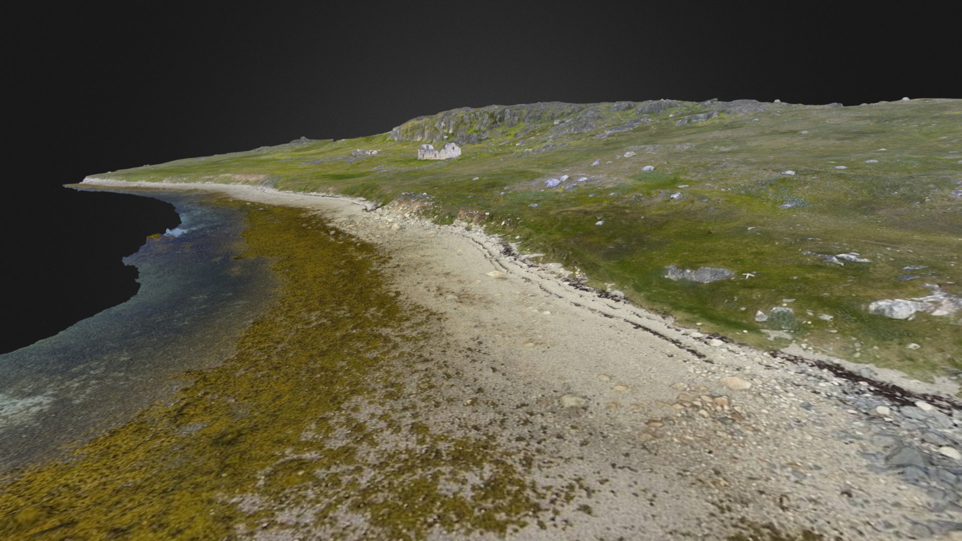 3D model Coastal landscape – Hvalsey, Greenland - This is a 3D model of the Coastal landscape - Hvalsey, Greenland. The 3D model is about a beach with grass and water.
