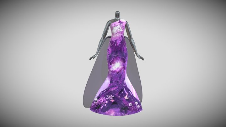 fashion doll with long dress purple 3D Model