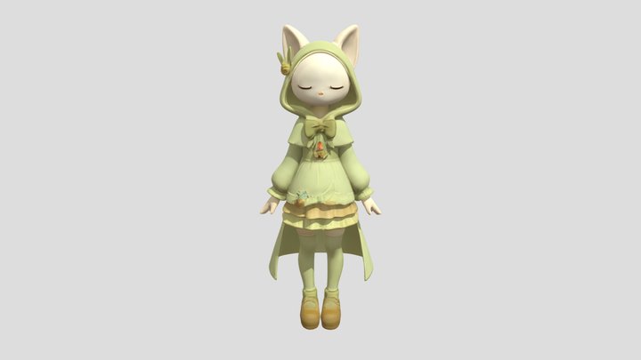 cute anthropomorphic cat in green attire 3D Model