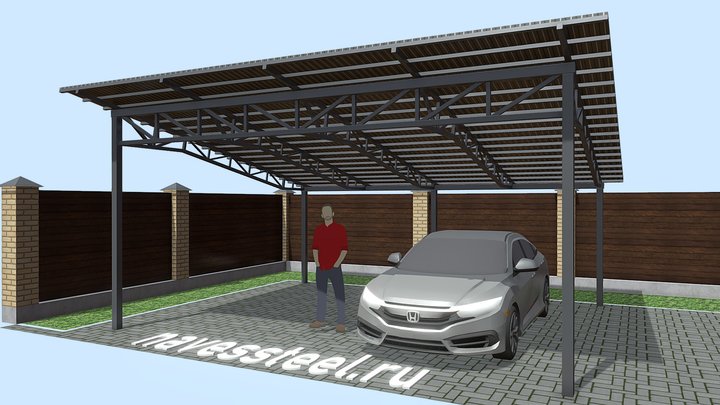 Односкатный навес из металлочерепицы 3D Model