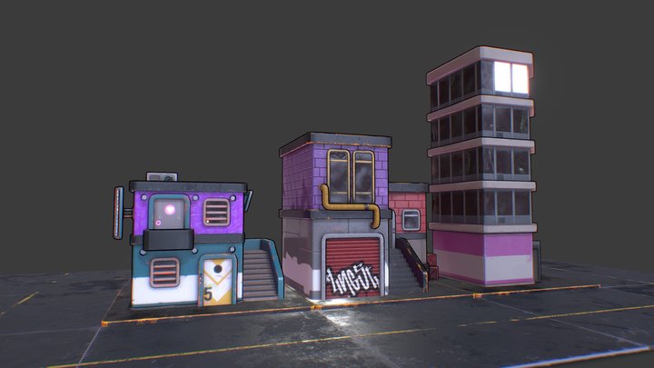 Tiny Cyberpunk city buildings 3D Model