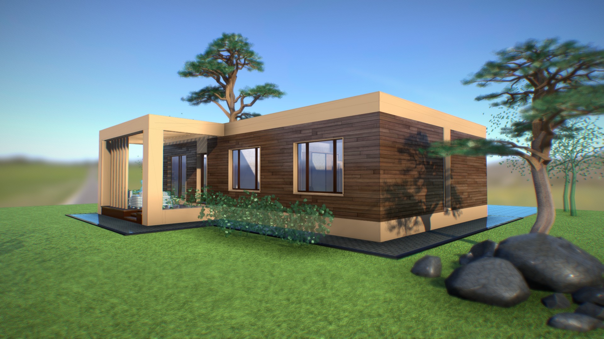3D model MimiMe3 Minimalism house 3 bedroom - This is a 3D model of the MimiMe3 Minimalism house 3 bedroom. The 3D model is about a house with a lawn and trees.