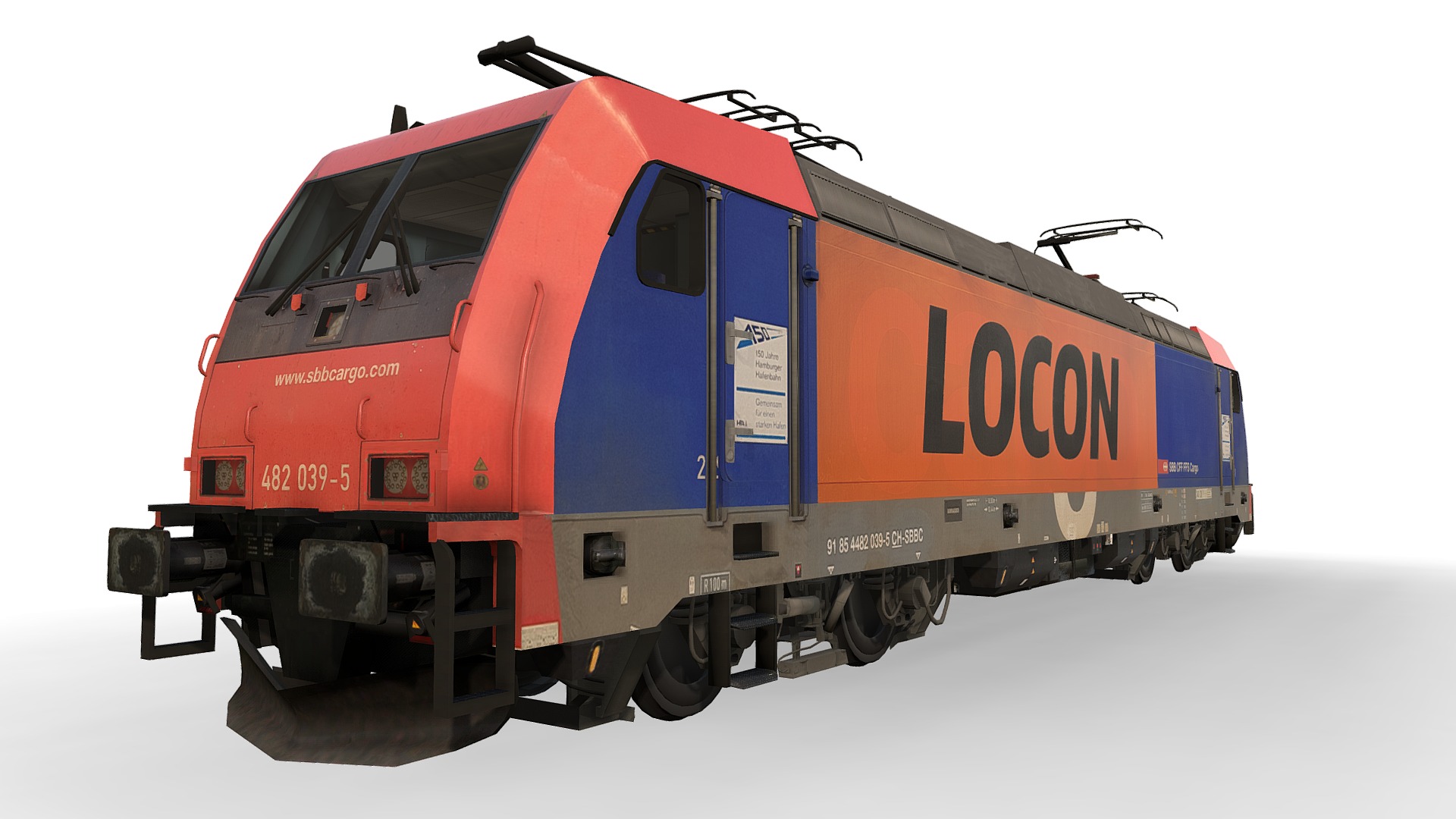 3D model Locomotive Class 185 – RE482 039-5 – SBB / LOCON - This is a 3D model of the Locomotive Class 185 - RE482 039-5 - SBB / LOCON. The 3D model is about a red train on a track.
