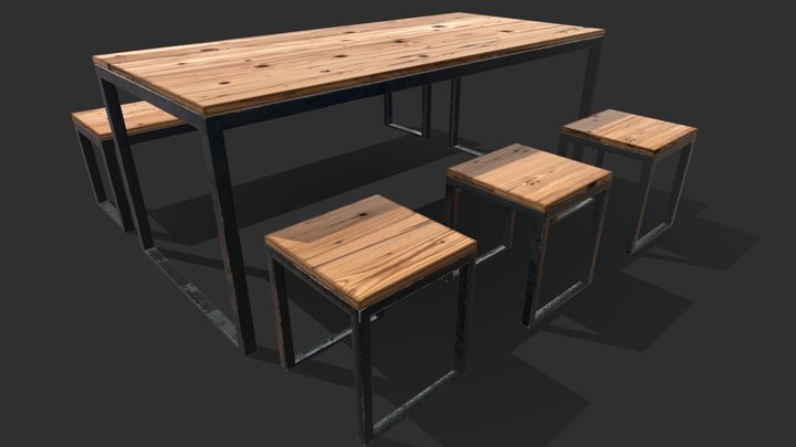 Vintage Retro Dining Table with bench and stools 3D Model