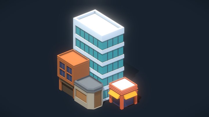 Set of 4 Low-poly buildings 3D Model