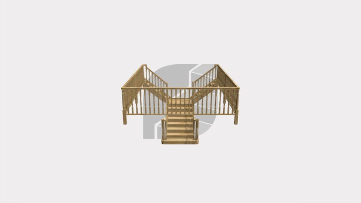 Oak T-shape staircase with continuous handrails 3D Model