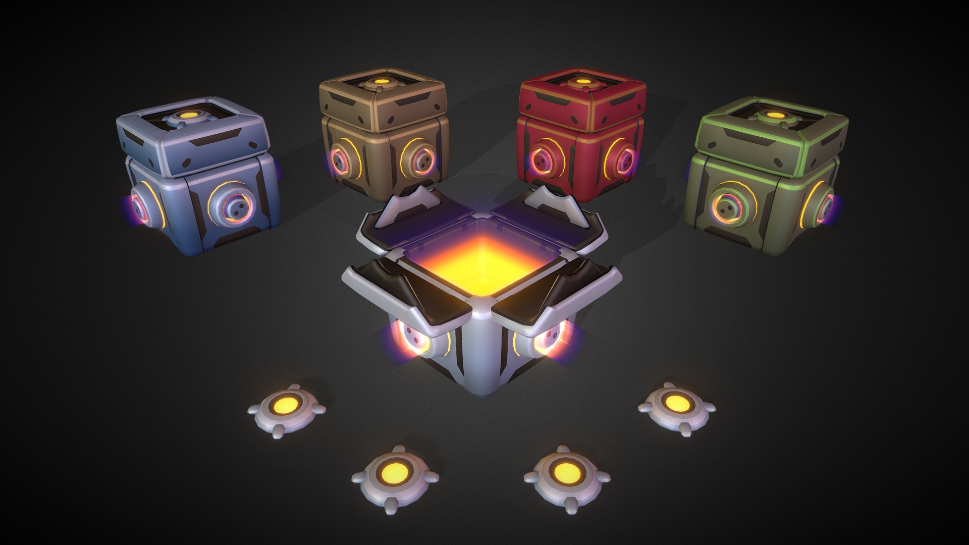 3D model Loot Box set animated – with 5 different colors - This is a 3D model of the Loot Box set animated - with 5 different colors. The 3D model is about a group of toy cars.