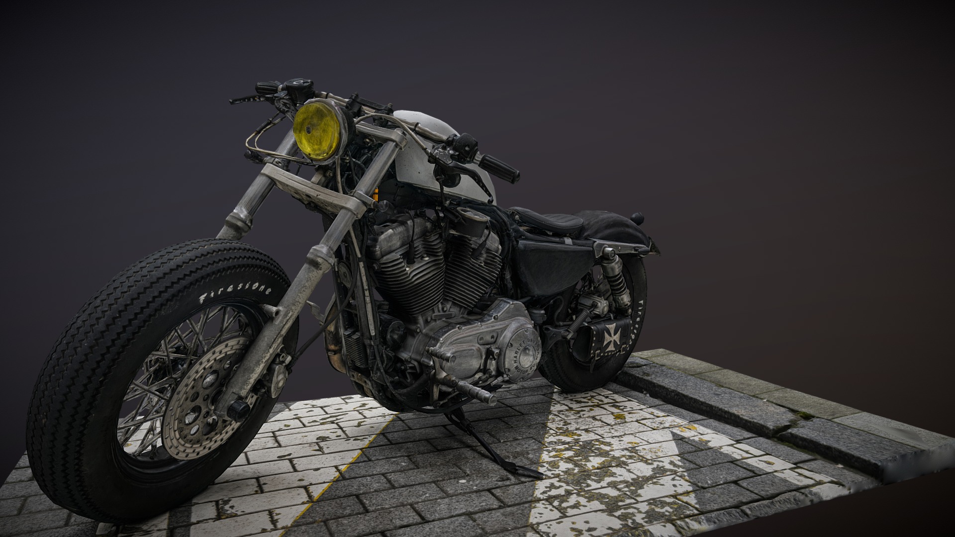3D model Custom Harley Davidson photogrammetry scan - This is a 3D model of the Custom Harley Davidson photogrammetry scan. The 3D model is about a motorcycle parked on a brick surface.