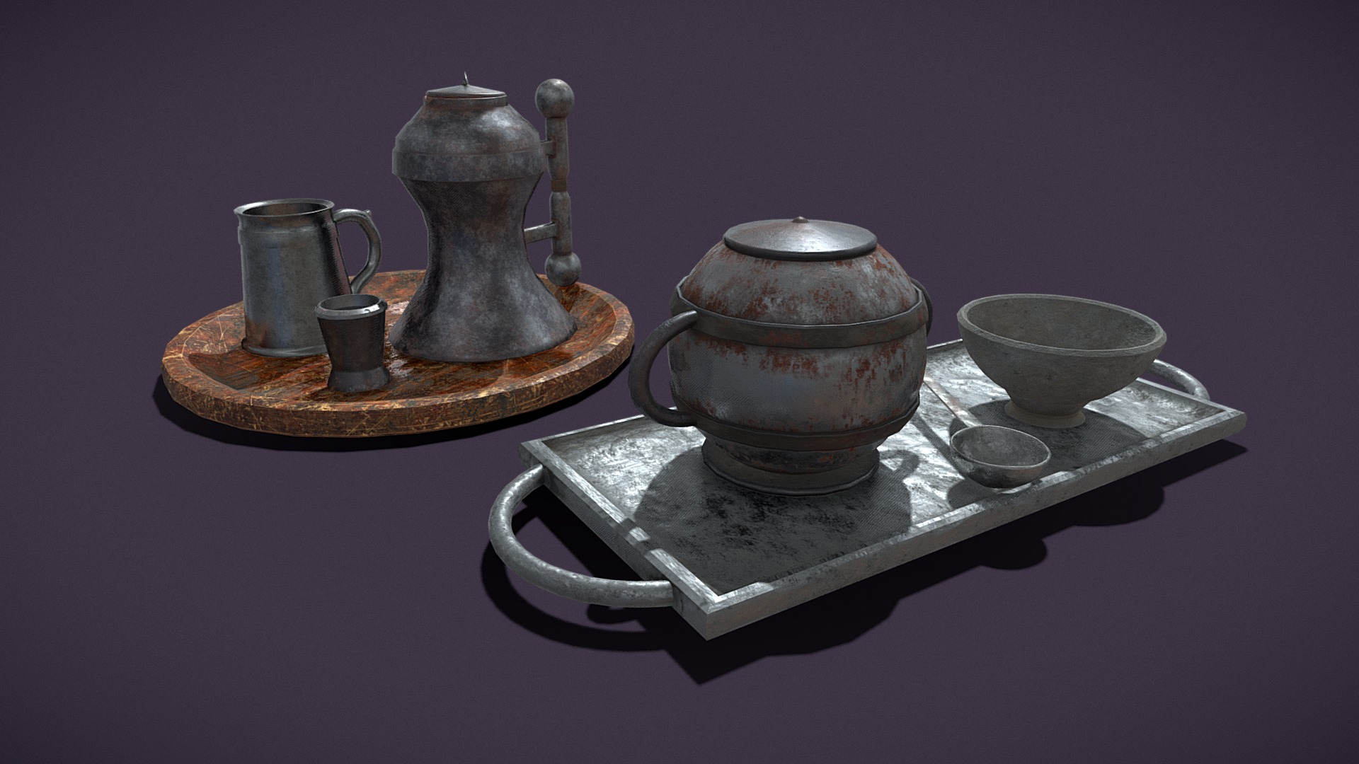 3D model Medieval Dishes Set - This is a 3D model of the Medieval Dishes Set. The 3D model is about a set of pots and pans.