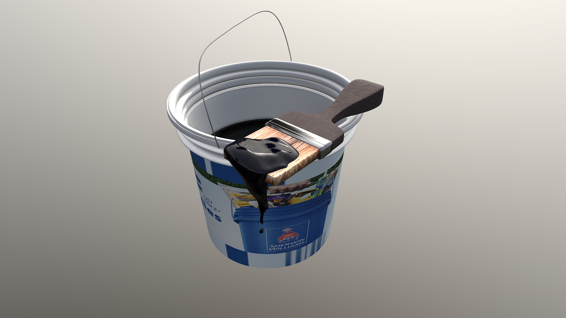 3D model Painting brush with a bucket - This is a 3D model of the Painting brush with a bucket. The 3D model is about a blue and white bucket with a black belt and a white background.