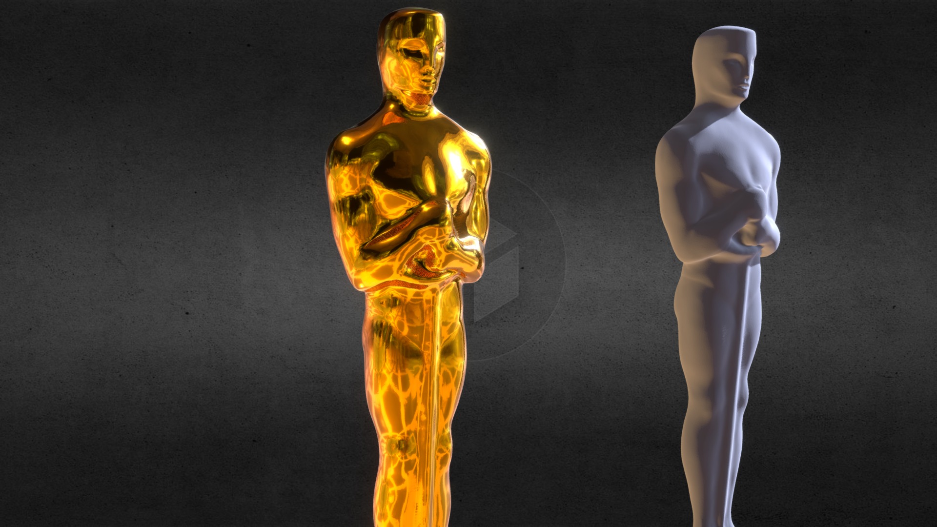 3D model Statuette inspired of Oscars. - This is a 3D model of the Statuette inspired of Oscars.. The 3D model is about a pair of mannequins wearing white robes and gold pants.