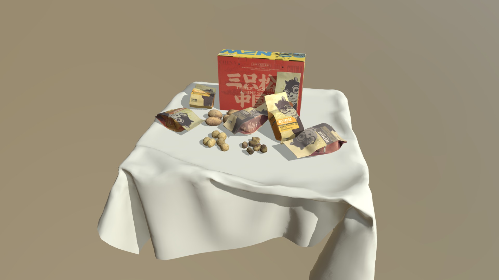 3D model Chinese Snack: Peanuts, Walnuts, Broad beans - This is a 3D model of the Chinese Snack: Peanuts, Walnuts, Broad beans. The 3D model is about a white shirt with a white pillow and a box of chocolates.