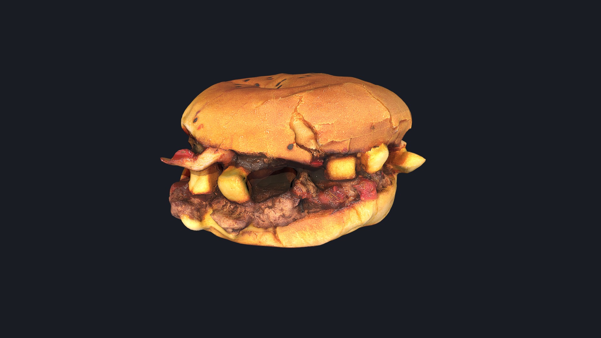 3D model French Fries Burger – Photogrammetry - This is a 3D model of the French Fries Burger - Photogrammetry. The 3D model is about a hamburger with cheese and meat.
