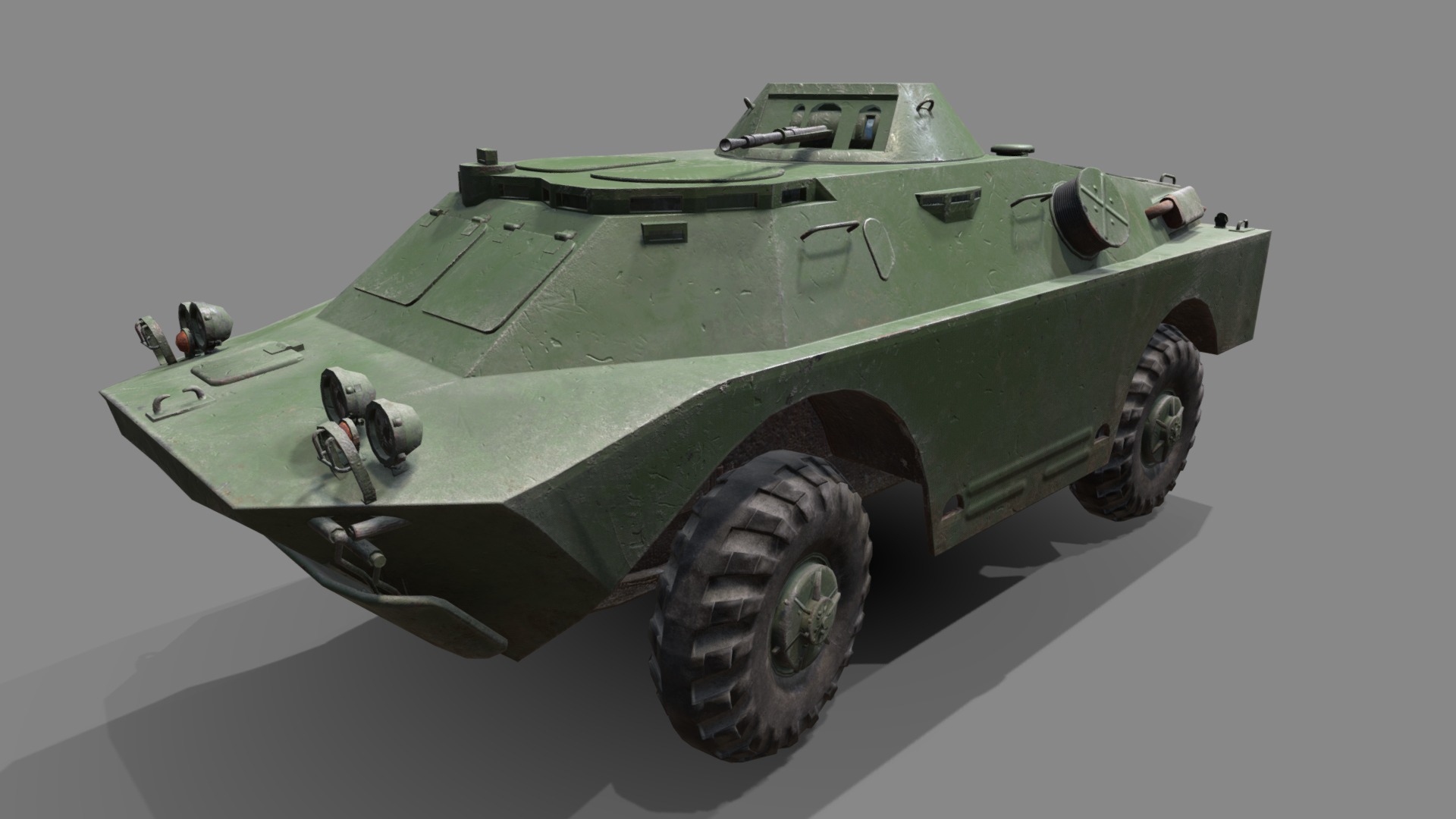 3D model Brdm2 low poly - This is a 3D model of the Brdm2 low poly. The 3D model is about a green military vehicle.