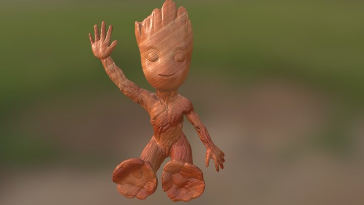 baby groot sitting waving v3 3D Model