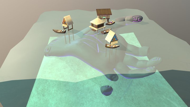 Houses over water (supported by a statue's hand) 3D Model