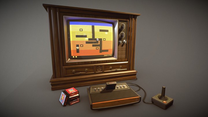 Atari 2600 and Old TV Set 3D Model