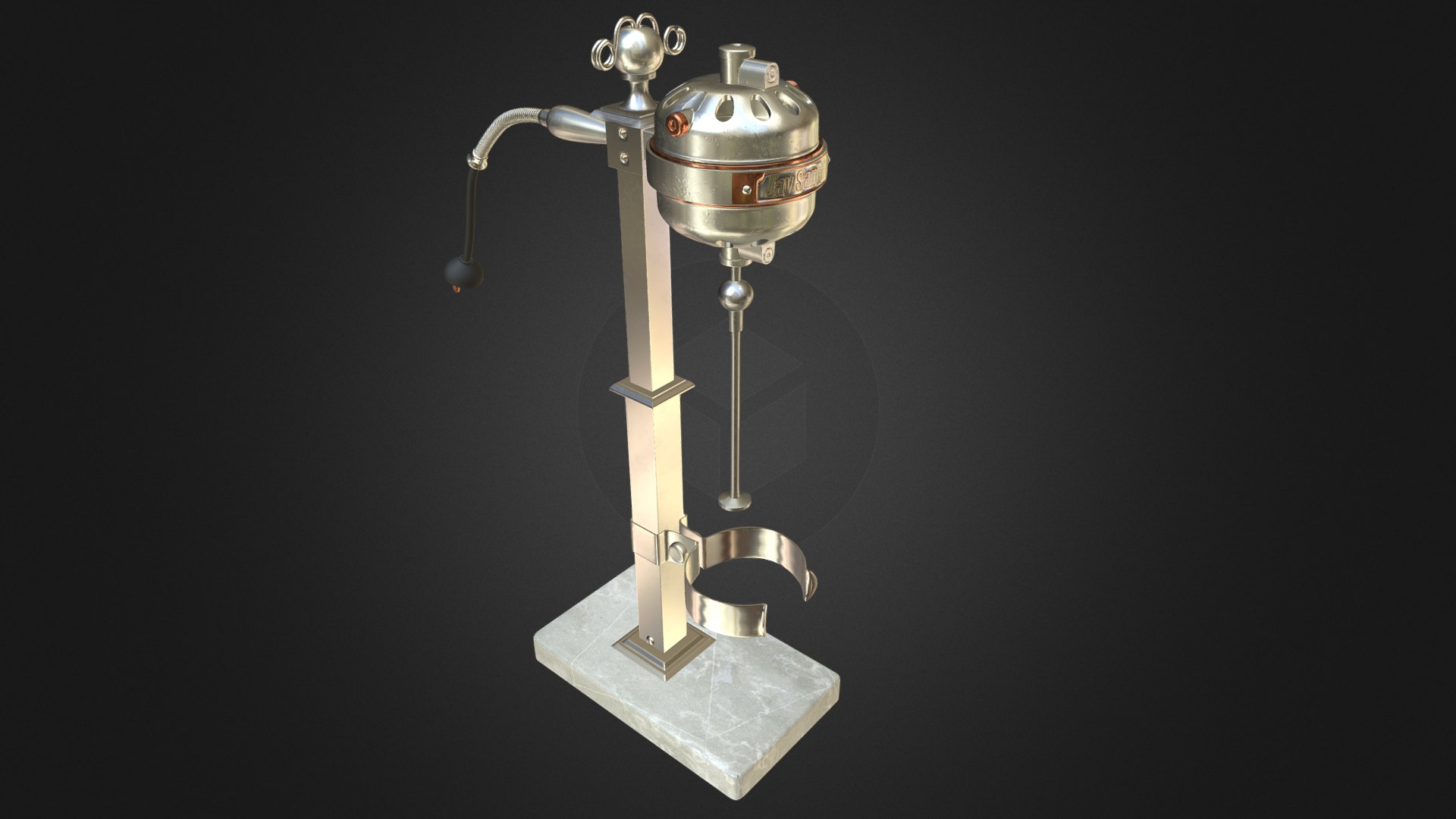 3D model 1915 Hamilton Beach malt mixer - This is a 3D model of the 1915 Hamilton Beach malt mixer. The 3D model is about a silver and gold robot.