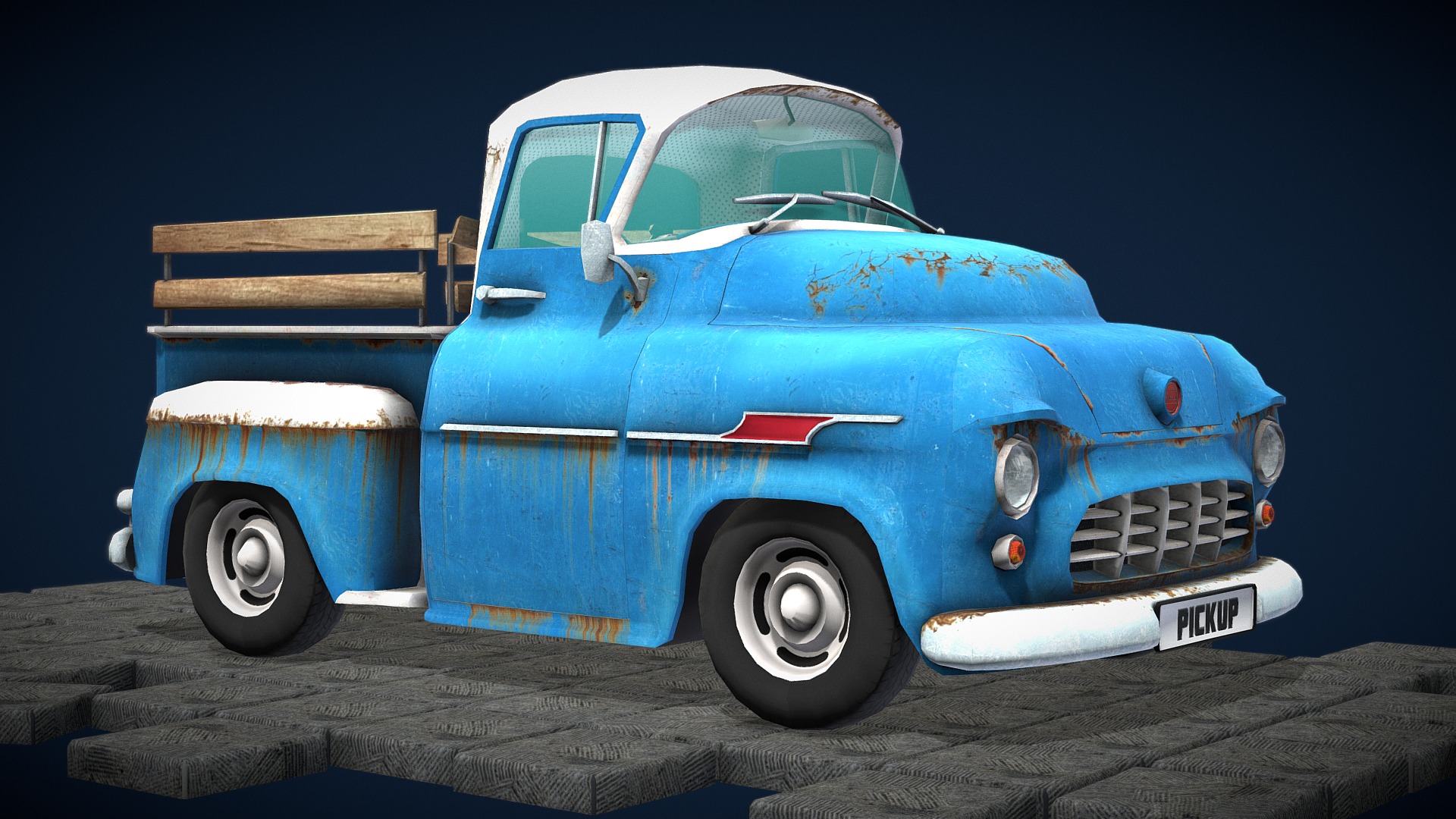 3D model Pickup – Retro Cartoon Car - This is a 3D model of the Pickup - Retro Cartoon Car. The 3D model is about a blue and white toy car.