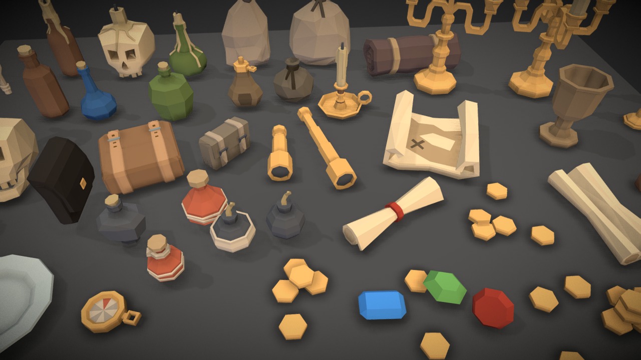 3D model POLYGON – Pirate Items - This is a 3D model of the POLYGON - Pirate Items. The 3D model is about a group of objects on a surface.
