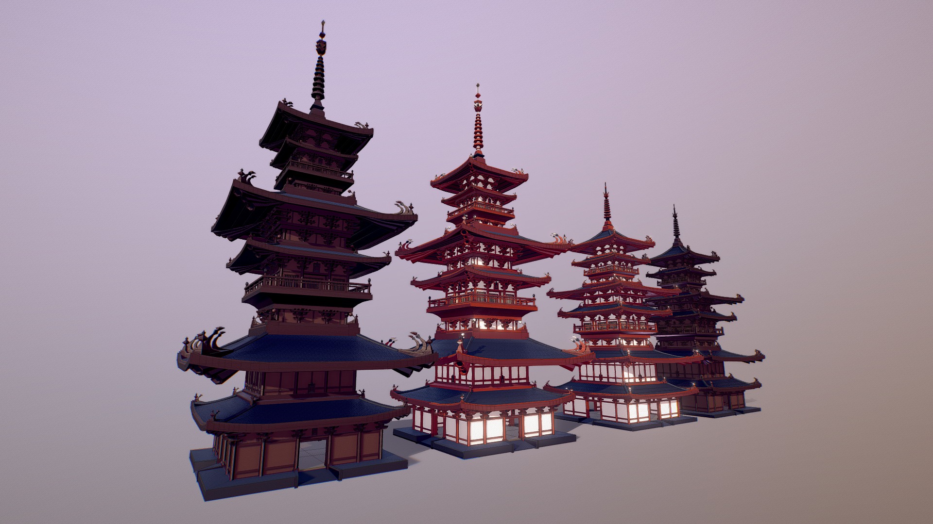 3D model Pagoda (Low Poly) - This is a 3D model of the Pagoda (Low Poly). The 3D model is about a couple of tall buildings with pointy roofs with Dragon and Tiger Pagodas in the background.