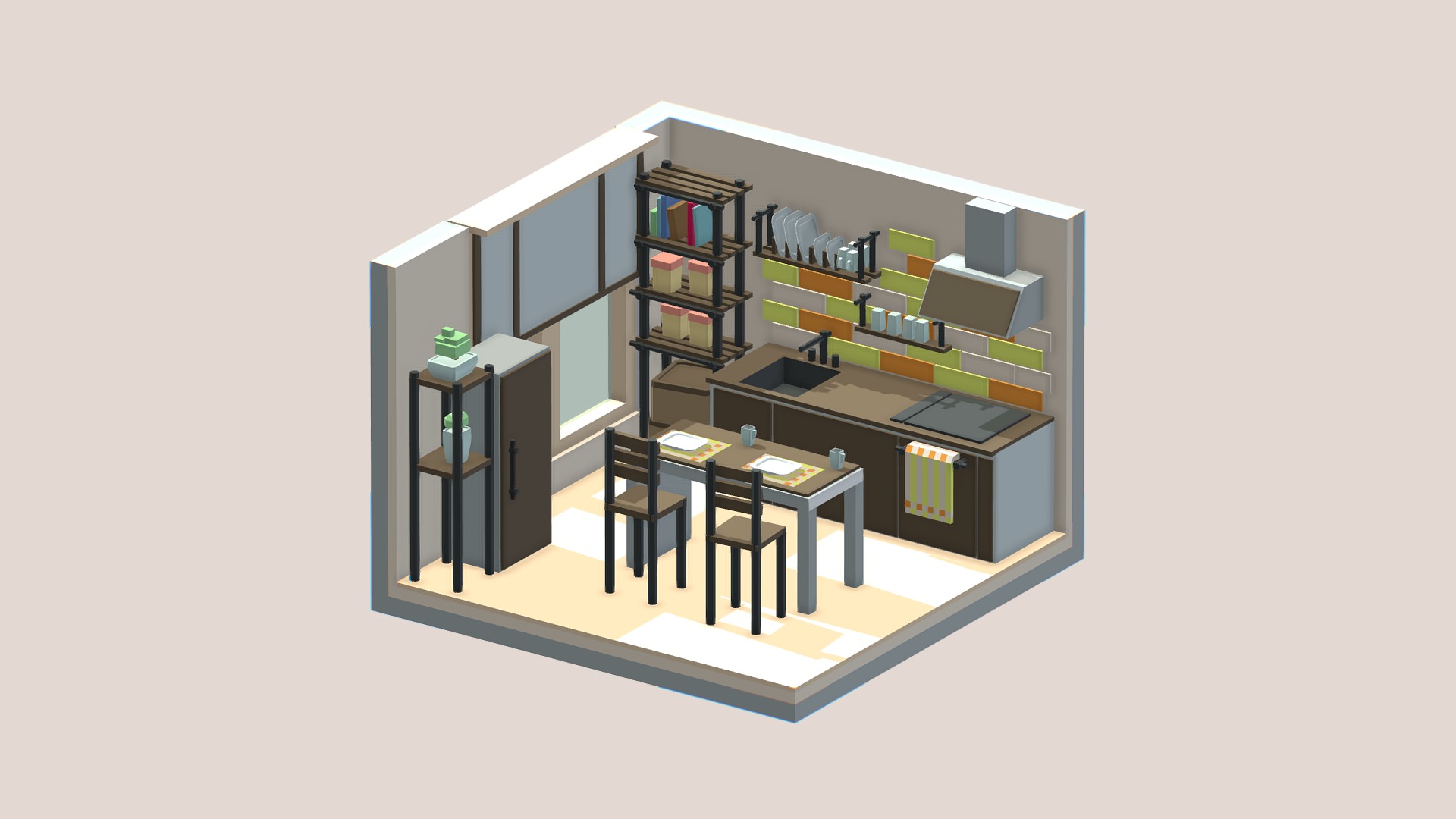 3D model Isometric cartoon kitchen room - This is a 3D model of the Isometric cartoon kitchen room. The 3D model is about diagram, engineering drawing.