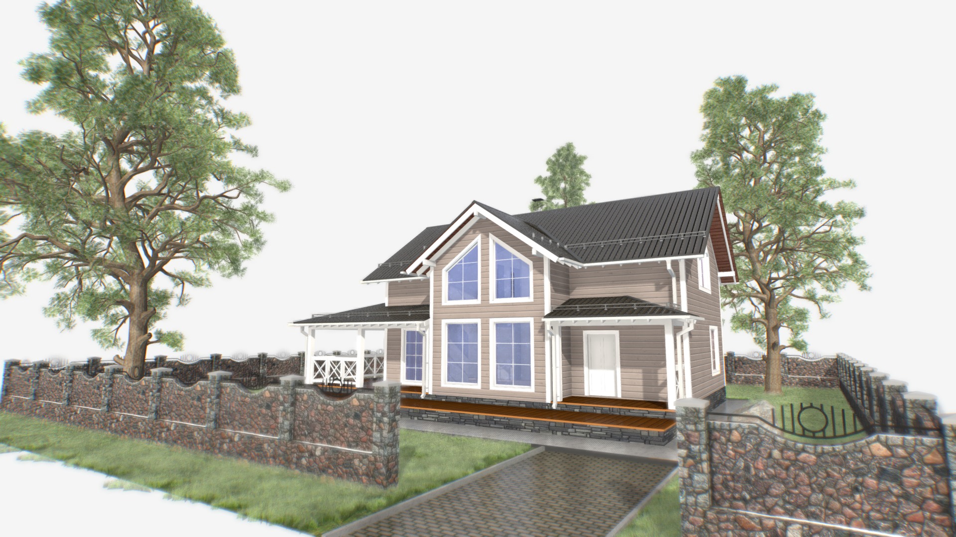 3D model 2 level cottage 12_2019 - This is a 3D model of the 2 level cottage 12_2019. The 3D model is about a house with a stone wall and trees.