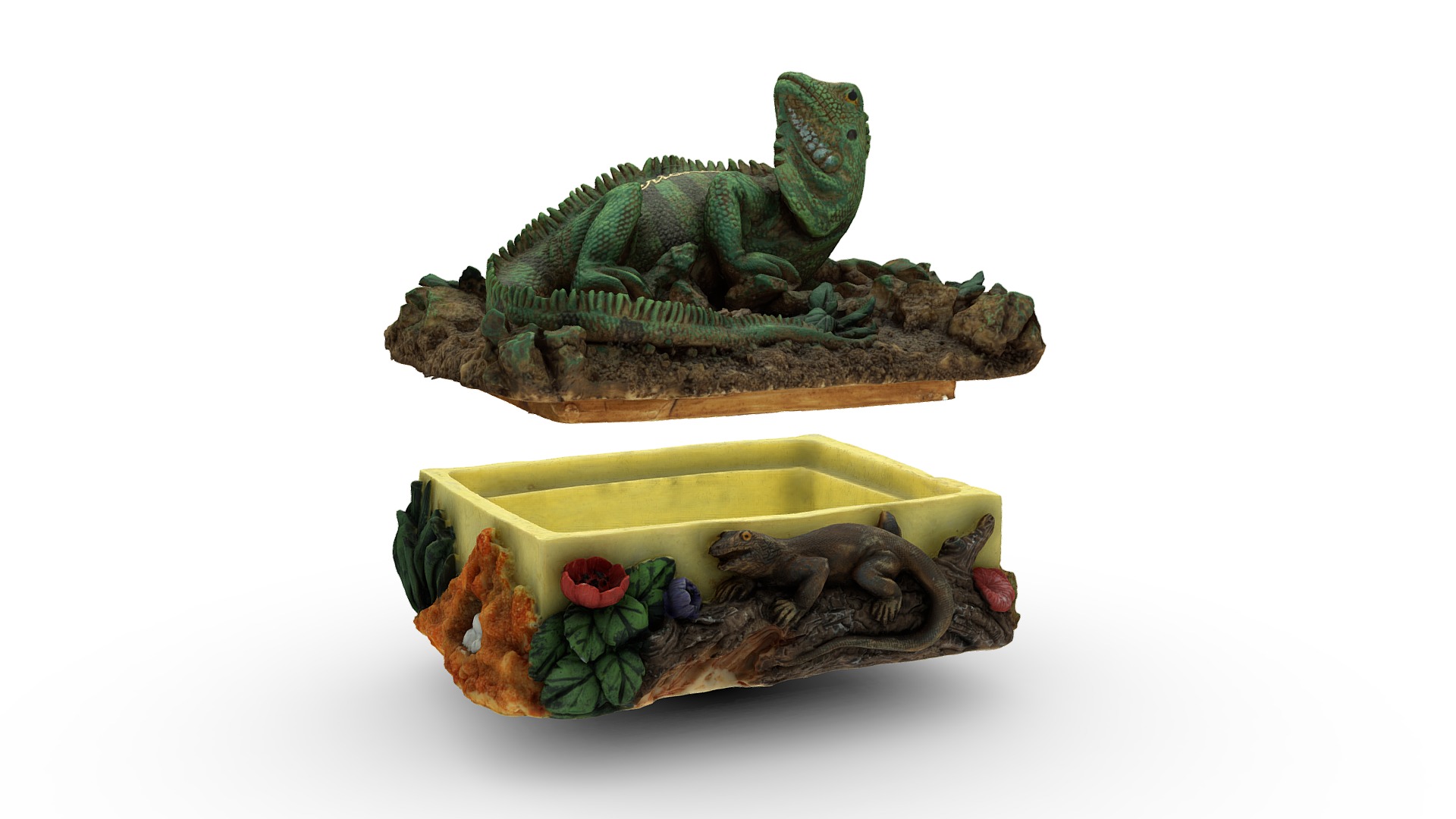 3D model Puerto Rico souvenir box, top and bottom - This is a 3D model of the Puerto Rico souvenir box, top and bottom. The 3D model is about a green toy dinosaur.