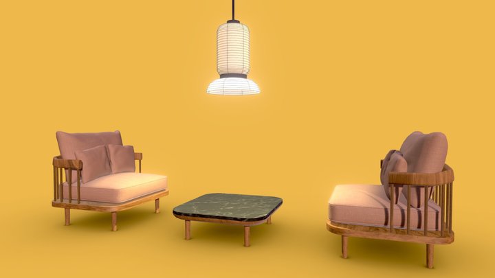 Sofa Chair with Coffee Table and ceiling Lamp 3D Model