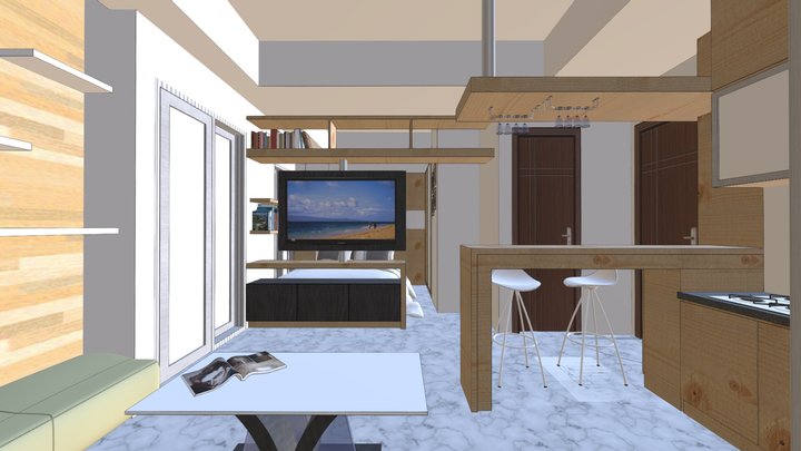 Kitchen, Living Room, Bedroom of an Apartment 3D Model