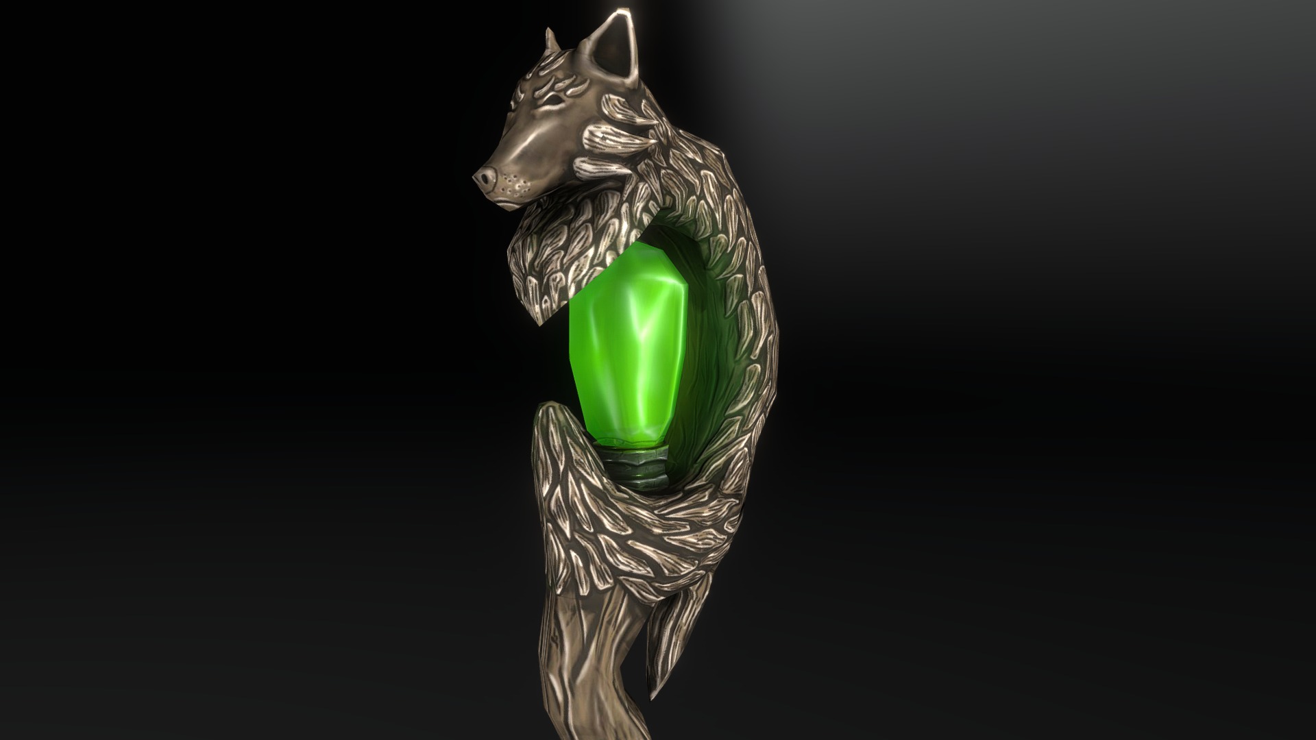3D model Game Magic Staff 1 - This is a 3D model of the Game Magic Staff 1. The 3D model is about a statue of a wolf holding a glowing green object.