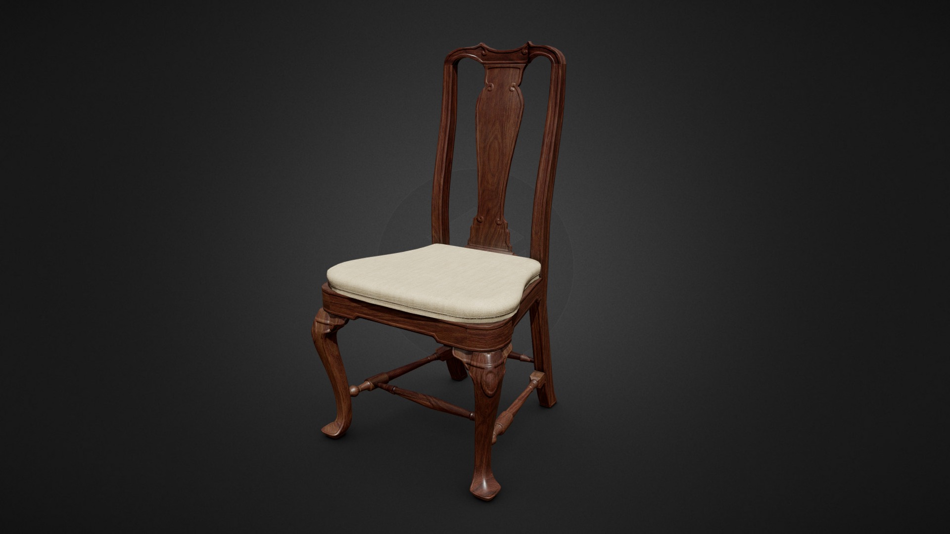 3D model Queen Anne Side Chair - This is a 3D model of the Queen Anne Side Chair. The 3D model is about a wooden chair with a cushion.