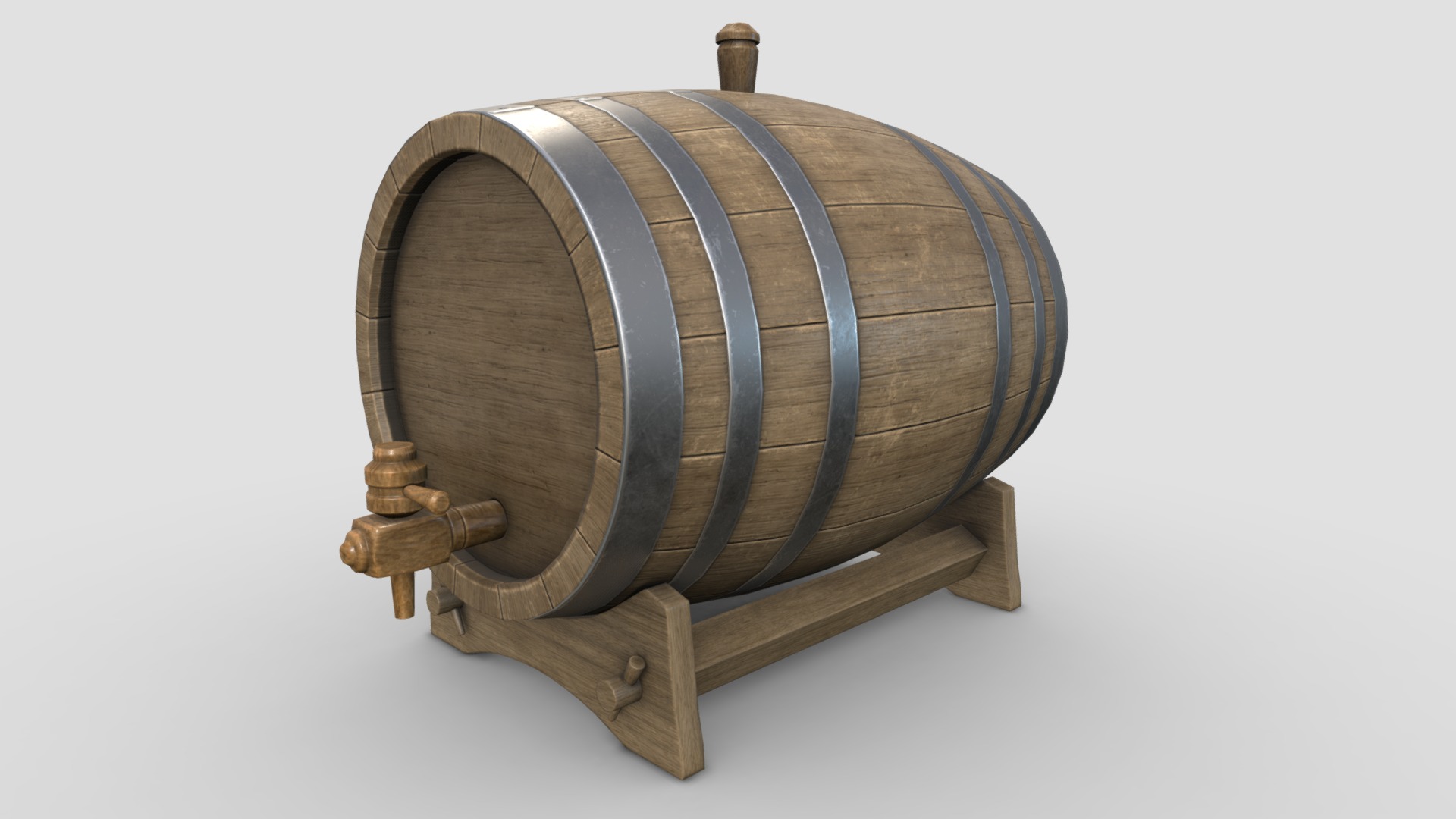 3D model Oak Barrel - This is a 3D model of the Oak Barrel. The 3D model is about a wooden barrel on a wooden stand.