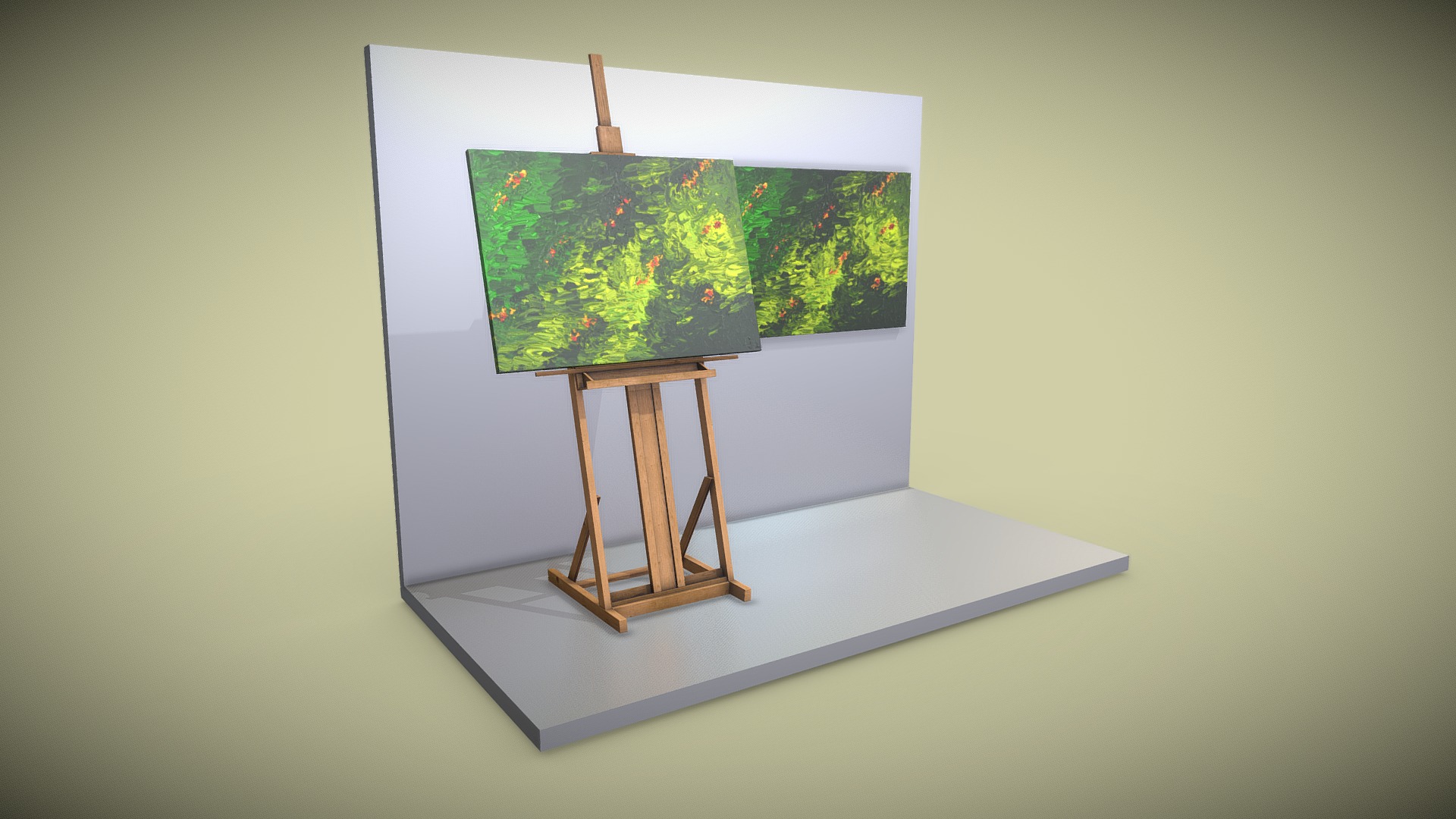 3D model Oil Painting – Green With Red And Golden Hidings - This is a 3D model of the Oil Painting - Green With Red And Golden Hidings. The 3D model is about a painting on a stand.