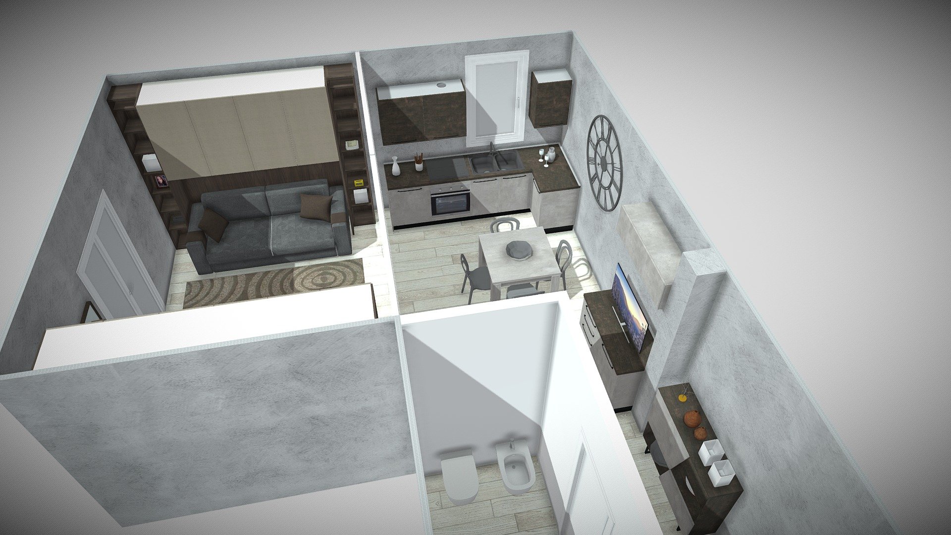 Studio flat with sofa bed — Sketchfab embed 3D viewer