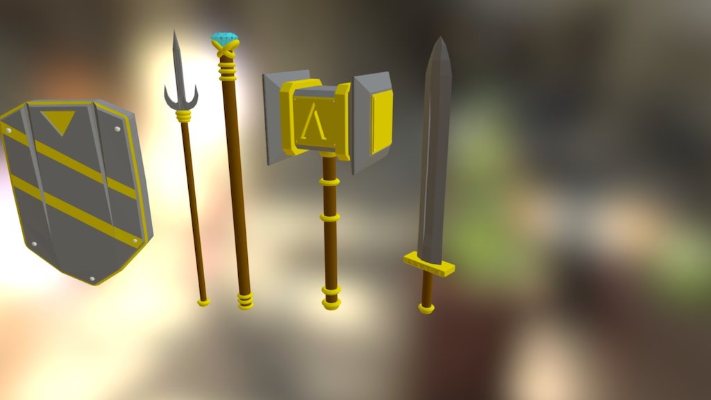 Hammer, Sword, Spear, Staff, and Shield