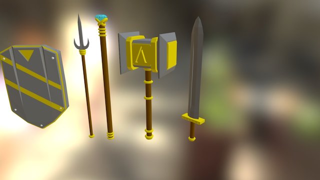 Hammer, Sword, Spear, Staff, and Shield 3D Model