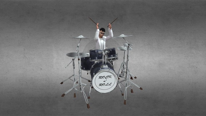 Rock Drummer with Drum Set 3D Model