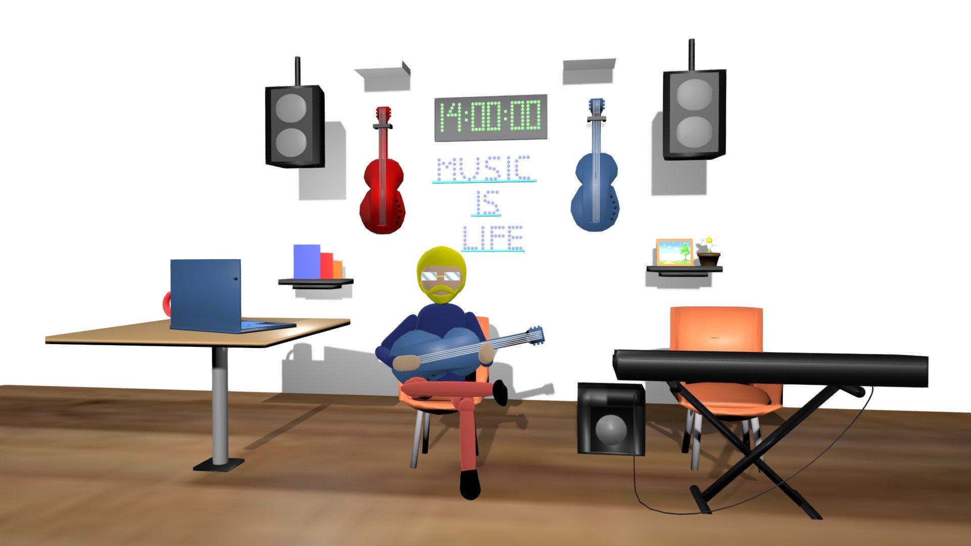 Playing guitar in his comfy room