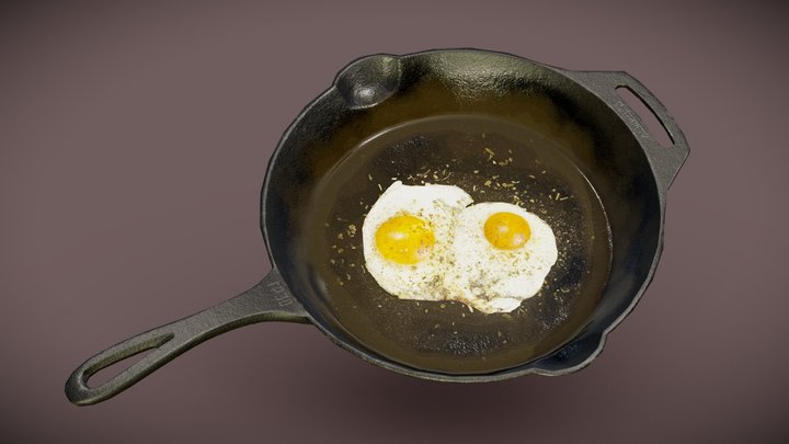 Cast iron frying pan with eggs 3D Model