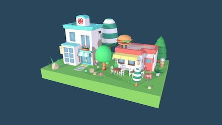 CartoonTown - Hospital & Restaurant 3D Model