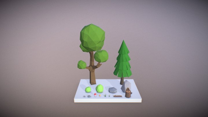 Low Poly Trees Grass and Rocks 3D Model
