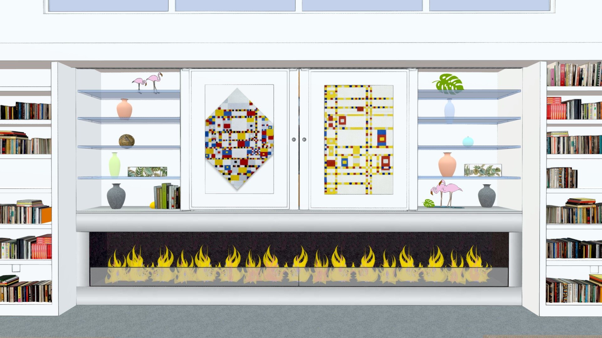 Modern fireplace with sliding doors - Shelf view