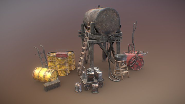 Old Airfield Workshop Props and Fuel Pump 3D Model