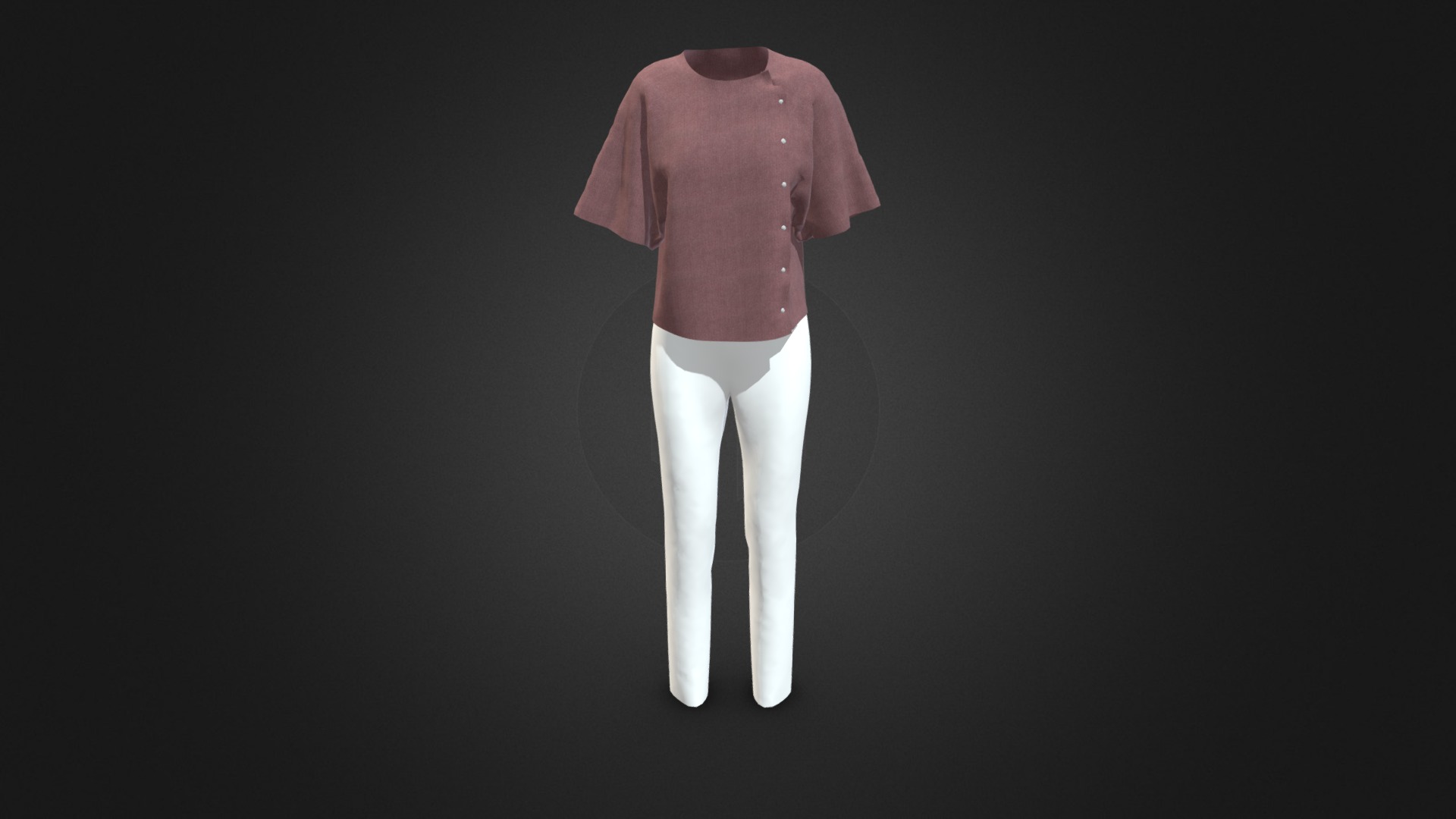 3D model Women’s Cape Short Sleeve T-Shirt - This is a 3D model of the Women's Cape Short Sleeve T-Shirt. The 3D model is about a mannequin wearing a pink shirt and white pants.