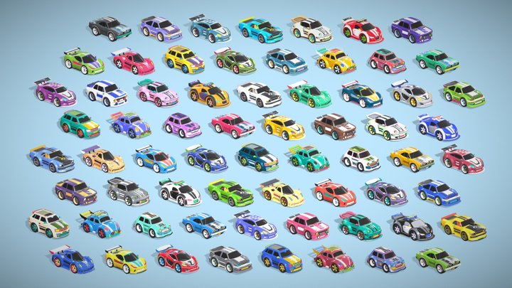 66 Tiny Cars Pack - Cute Low Poly Toon Mini Cars 3D Model