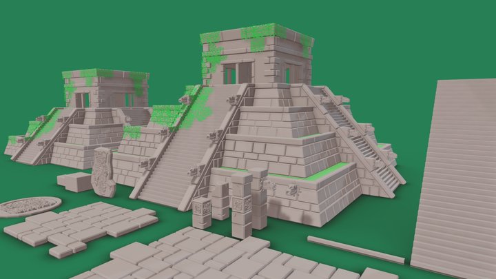 Lowpoly mayan temple and decorations 3D Model