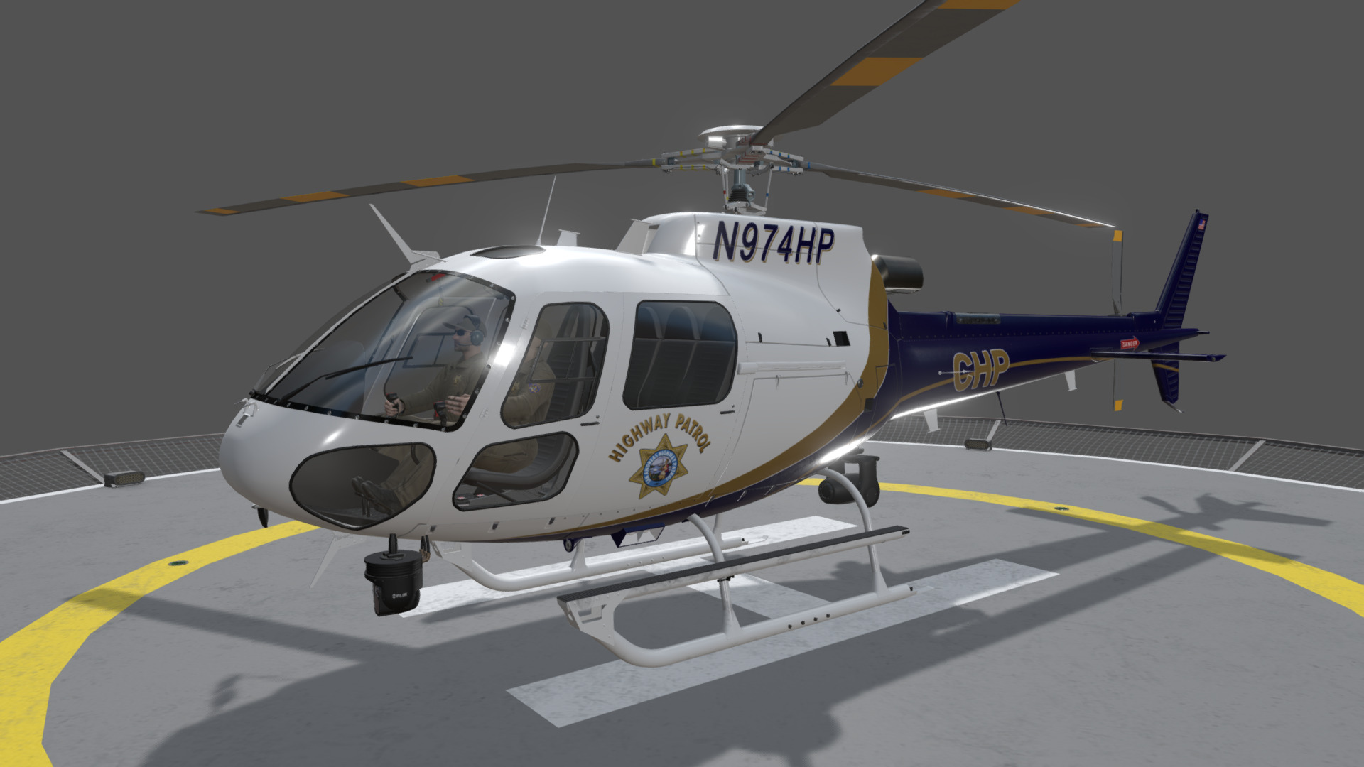 3D model AS-350 California Highway Patrol Animated - This is a 3D model of the AS-350 California Highway Patrol Animated. The 3D model is about a helicopter on a runway.