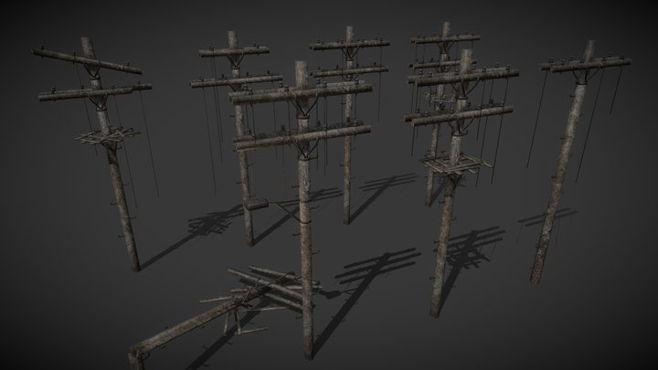 Wooden Electric Poles Pack - 8 Variations 3D Model