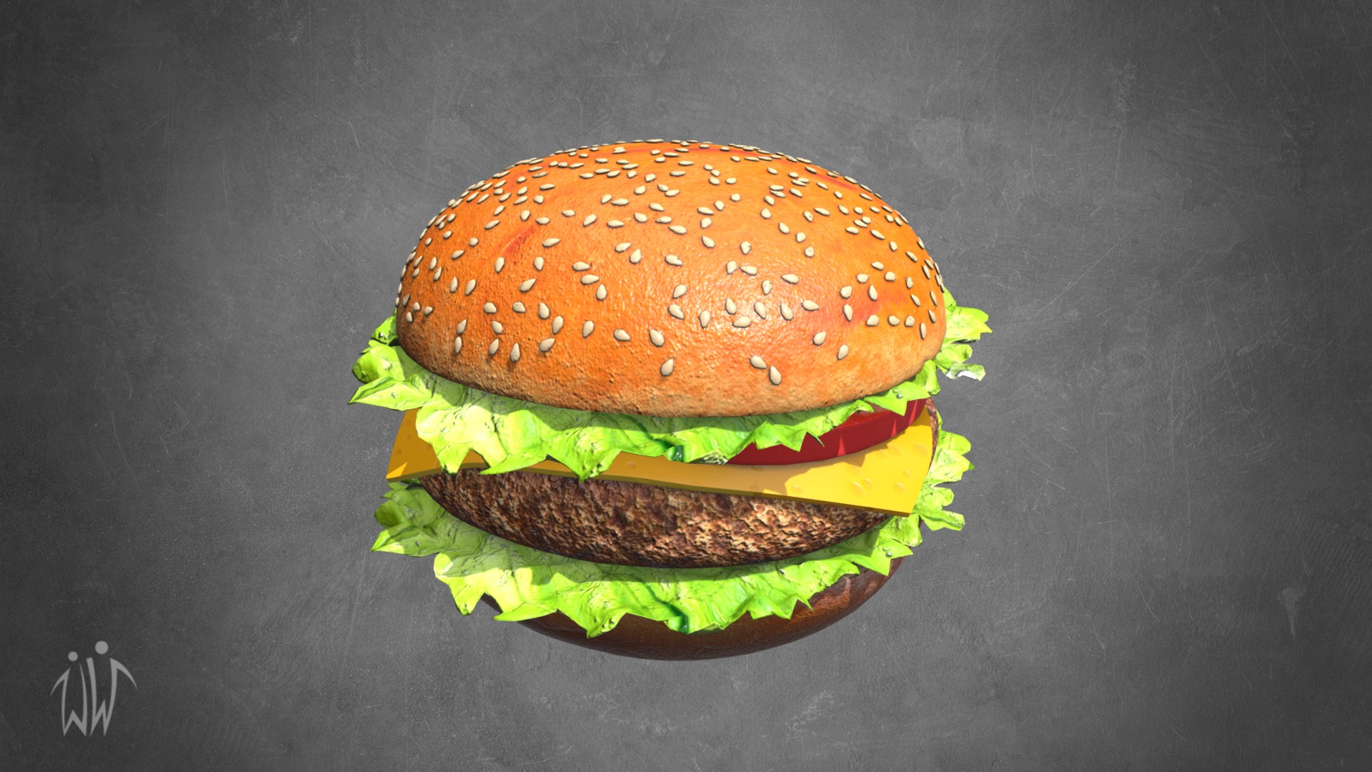3D model Hamburger with Cutlet and Vegetables - This is a 3D model of the Hamburger with Cutlet and Vegetables. The 3D model is about a hamburger with lettuce and tomato.